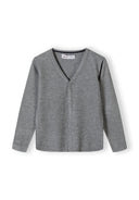 Boys grey fine knit cardigan, button-down front, v-neck, long sleeves.