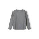 Grey fine knit cardigan laid flat showing back view with ribbed neckline and long sleeves against white background