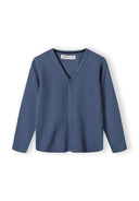 Boys blue cardigan, front view, button fastening, v-neckline, ribbed cuffs.