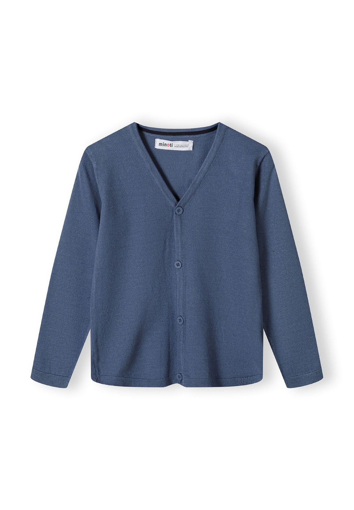 Blue v-neck cardigan, front.