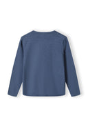 Boys blue cardigan, back view, featuring ribbed trims and a classic cut.