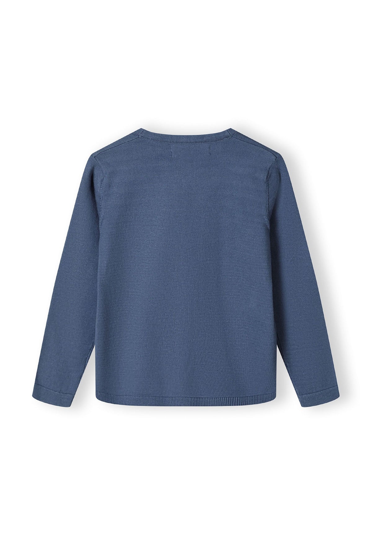 Blue v-neck cardigan, back.