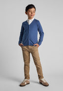 Boys blue cardigan with button fastening, v-neck, and ribbed cuffs.