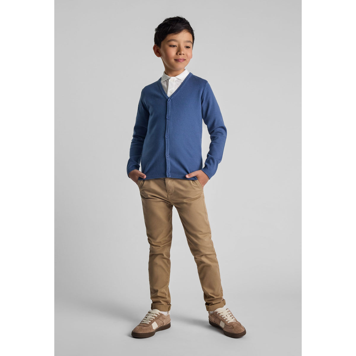 Boys' v-neck cardigan in blue — complete product view for square Shop card