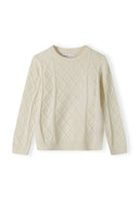 Boys cream cable knit sweater with crew neck and ribbed trims.
