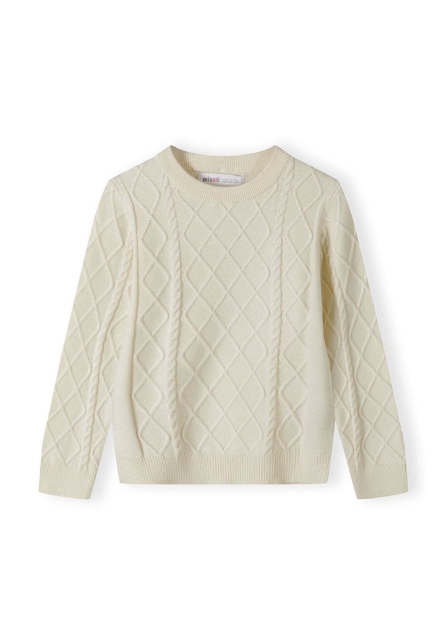 Boys cream cable knit sweater with crew neck and ribbed trims.