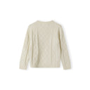 Cream cable knit jumper laid flat showing diamond and cable pattern texture, back view on white background