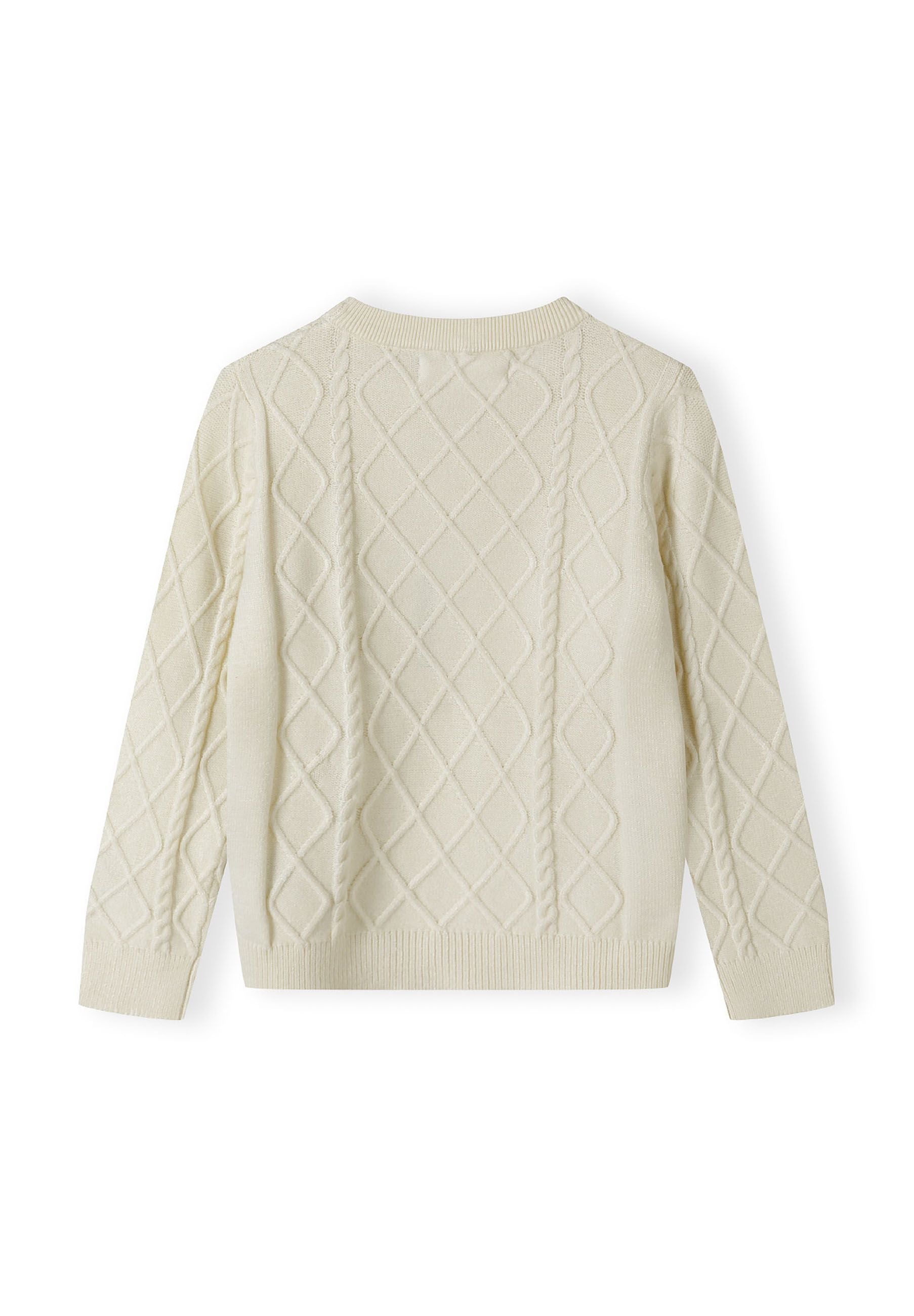 Boys cream cable knit sweater, back view, featuring raised diamond texture and ribbed trims.
