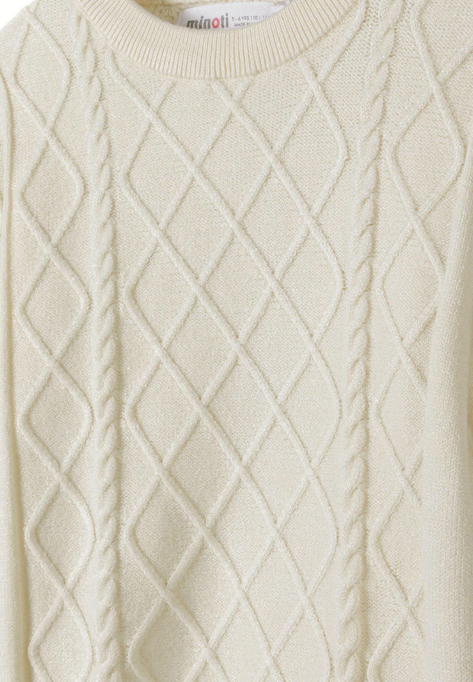 Boys cream cable knit sweater, close-up view, showcasing raised diamond texture and crew neck.