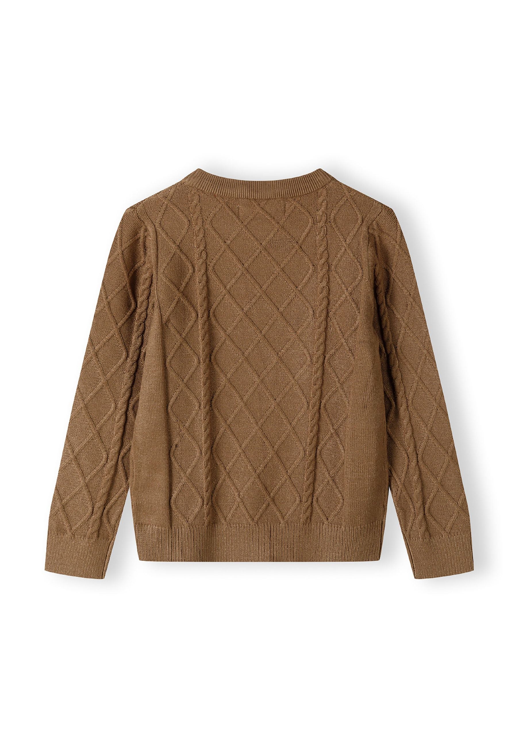Boys brown cable knit crew neck sweater, back view with diamond pattern.