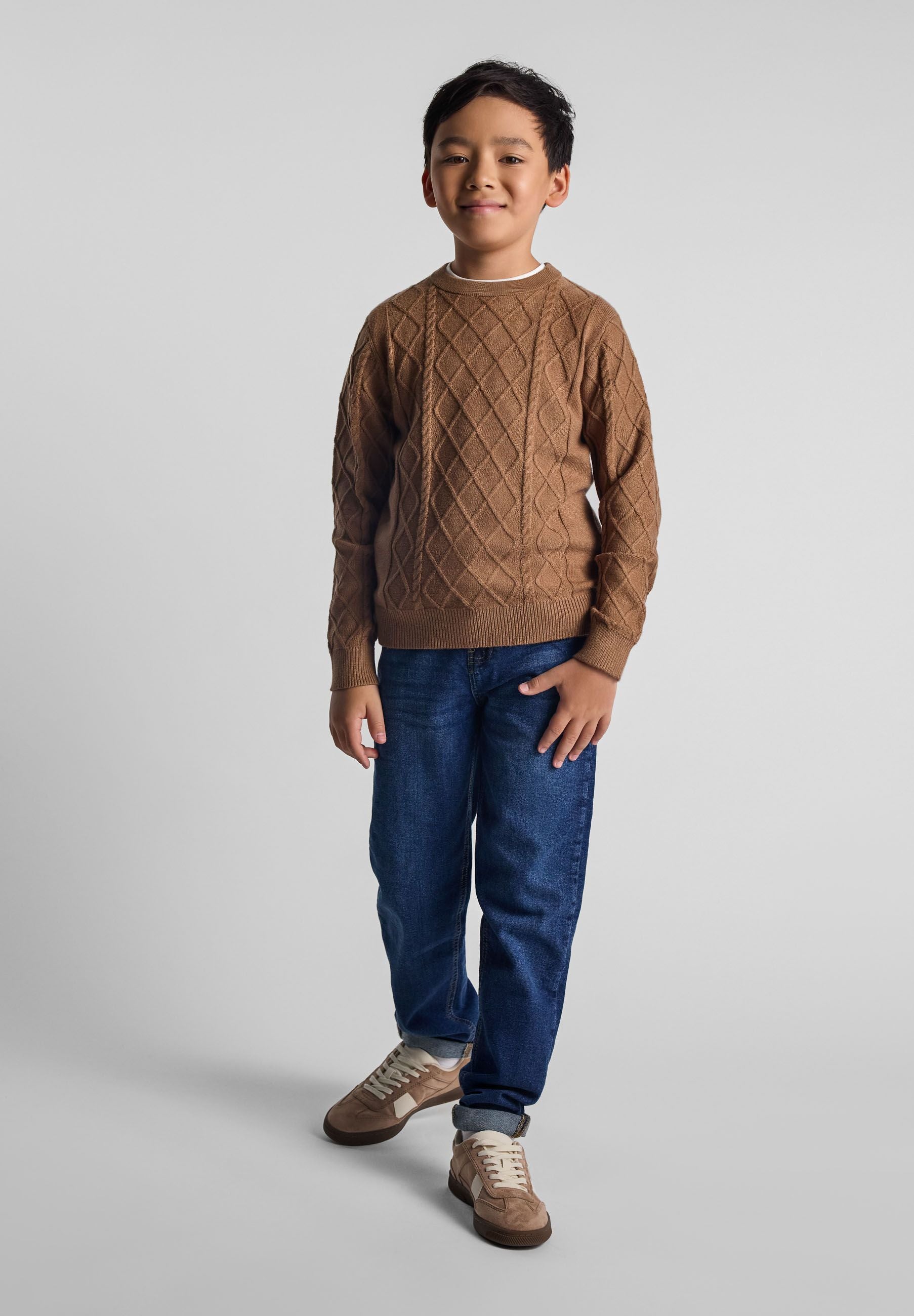 Boys brown cable knit crew neck sweater, front view, featuring a raised diamond pattern.