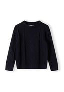 Boys navy cable knit crew neck sweater, front view, featuring a raised diamond pattern.