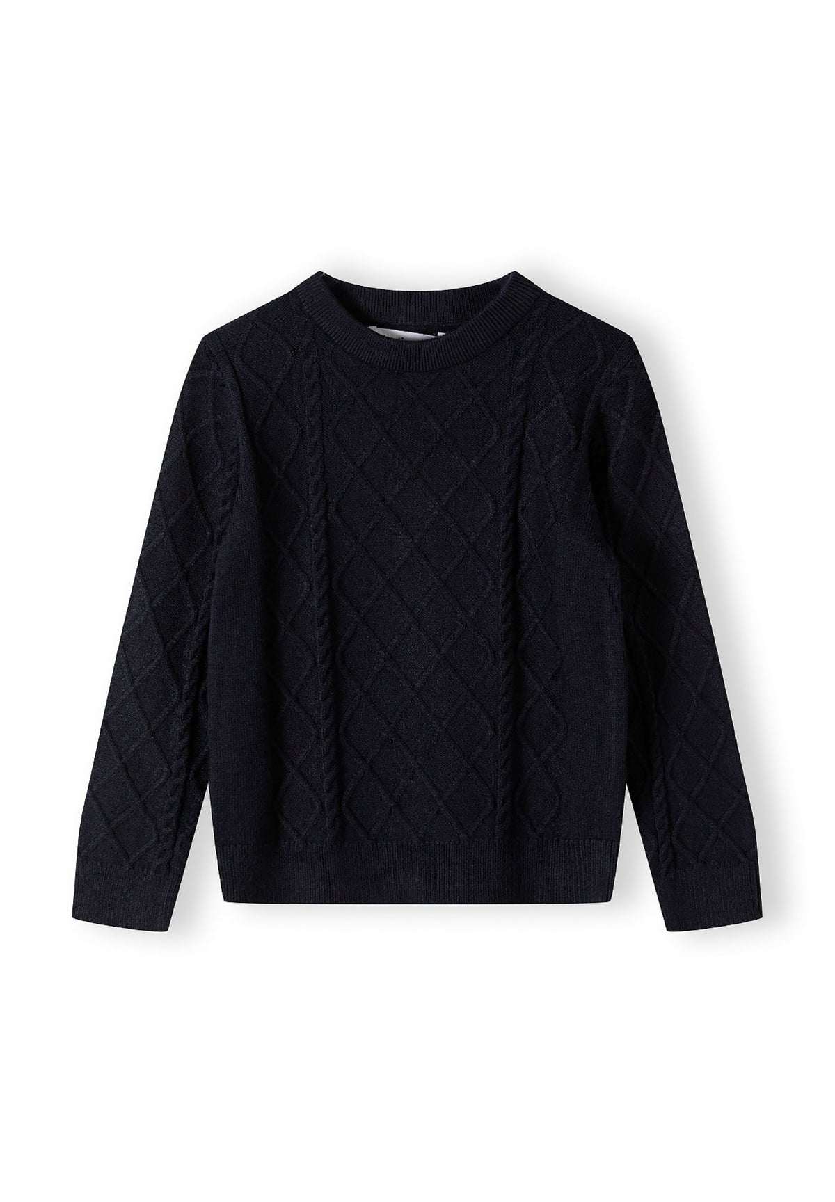 Navy cable knit jumper, front.