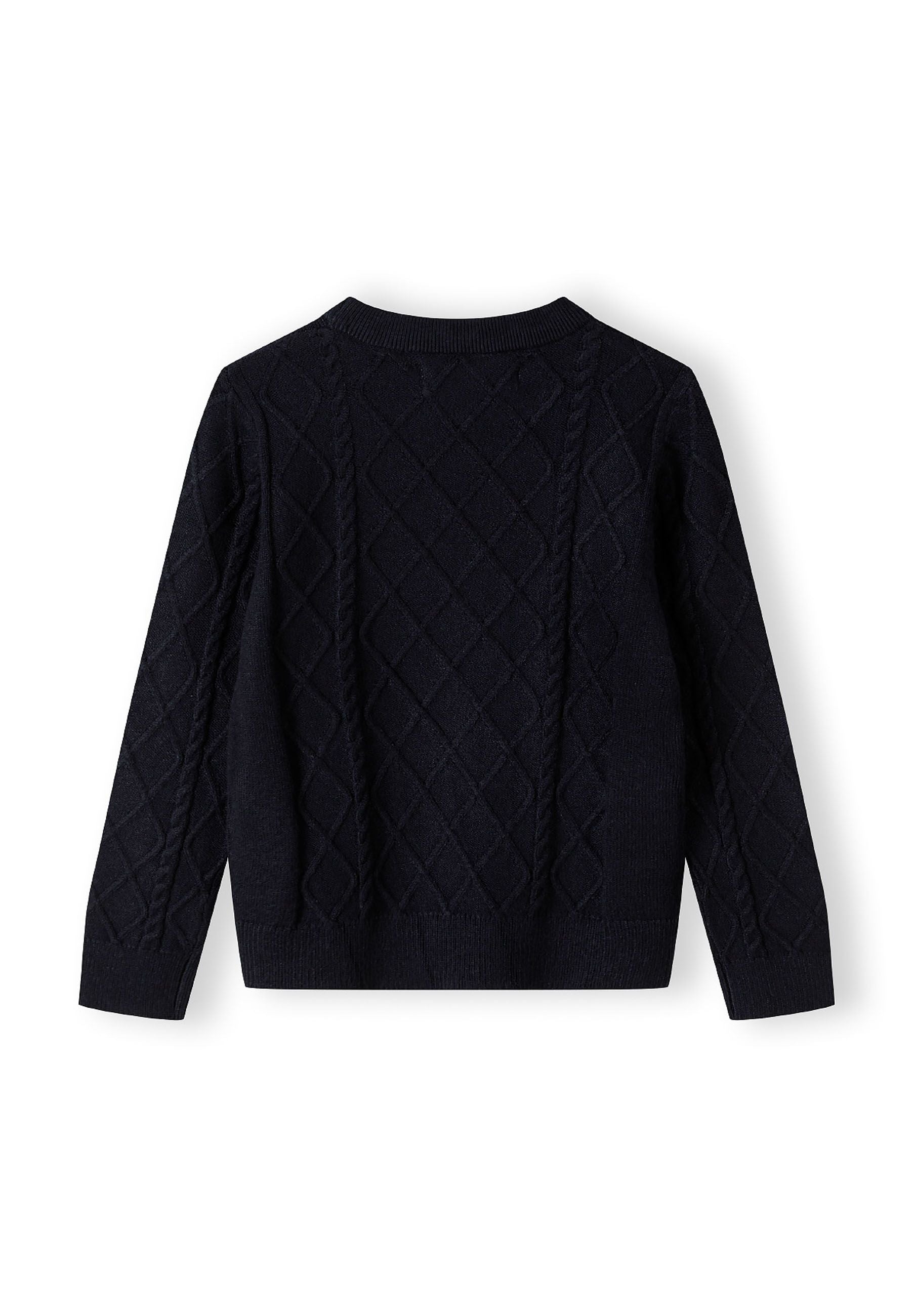 Boys cable knit sweater, navy, back view, featuring diamond texture and ribbed trims.