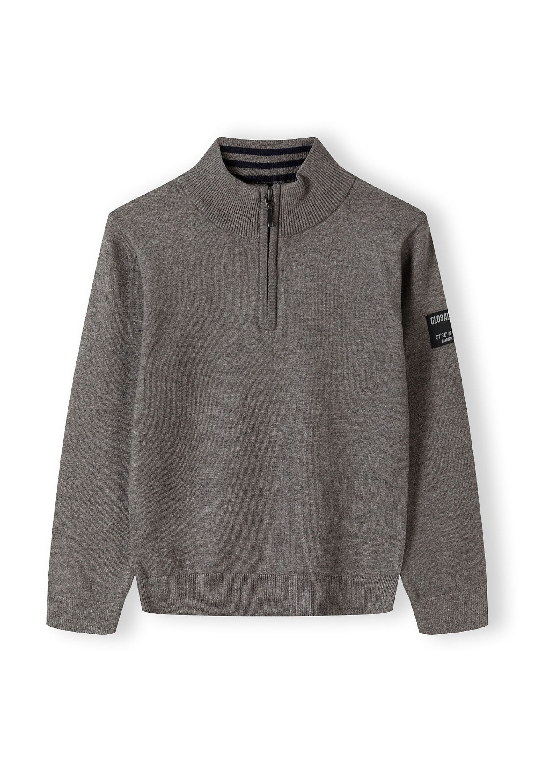Boys half zip jumper in grey, front view with stand collar and ribbed cuffs.