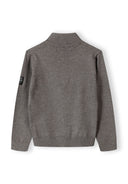 Boys half zip jumper, grey, back view with stand collar and ribbed cuffs.