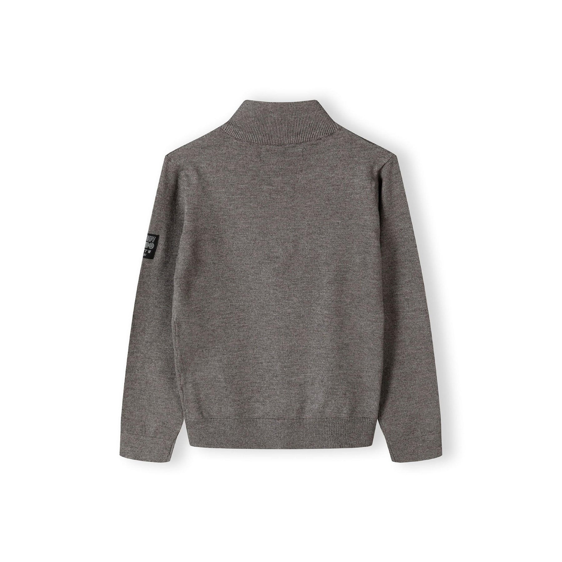 Back view of grey half zip jumper showing plain knit construction and arm badge detail