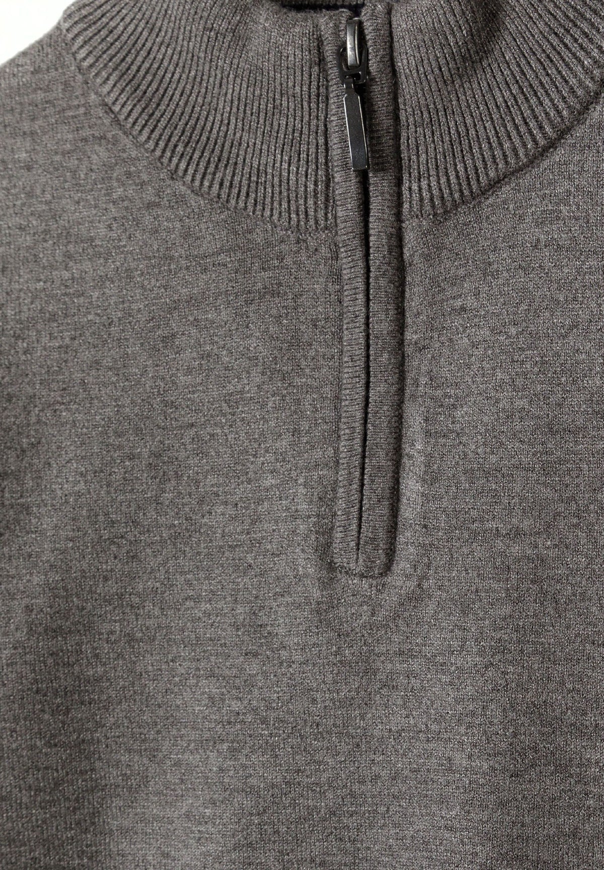 Grey quarter-zip jumper, zip detail.