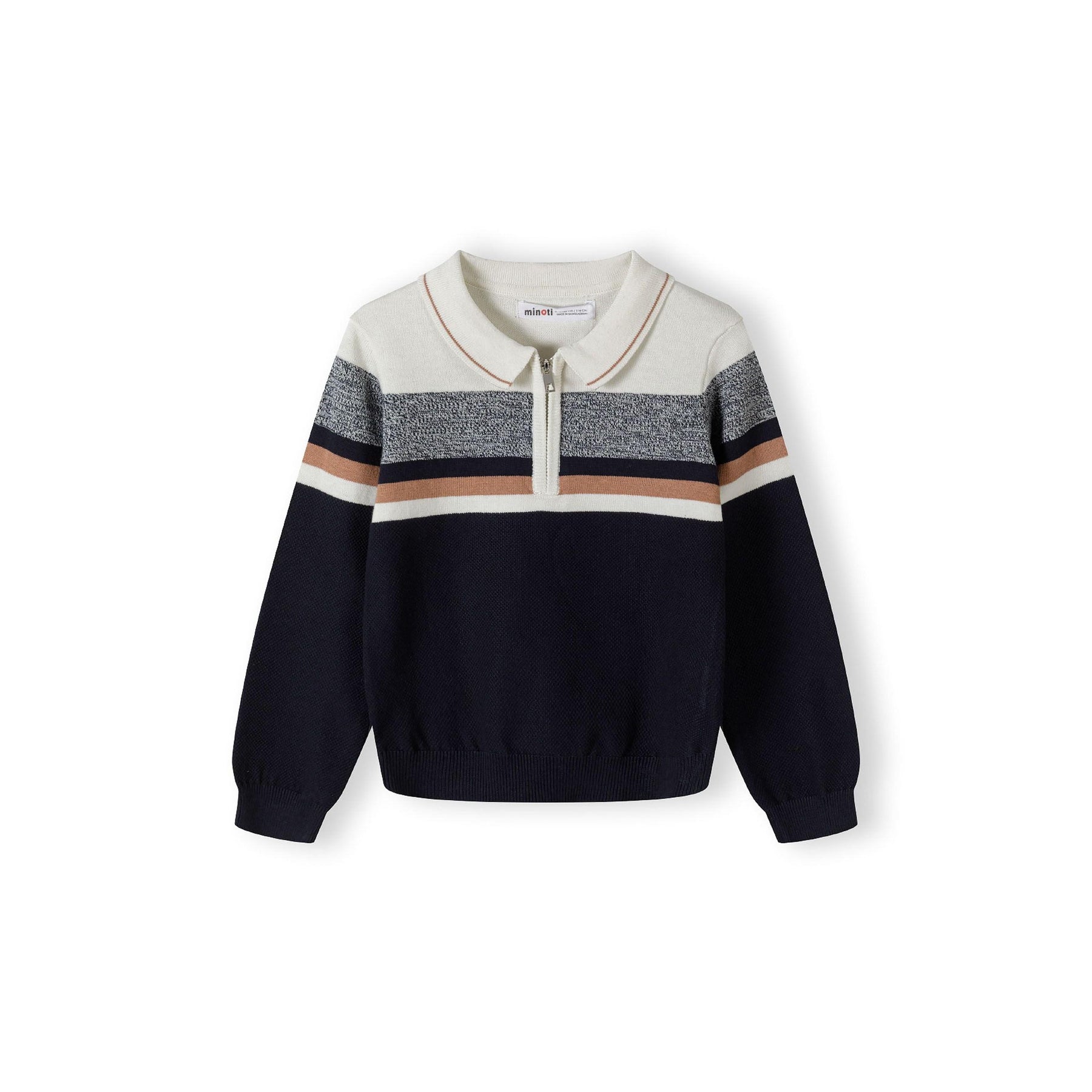 Back view of cream and navy striped polo jumper showing horizontal stripe pattern and ribbed hem detail on white background