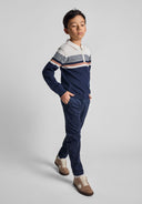 Boys cream polo-style sweater with quarter zip and striped detailing, front view.