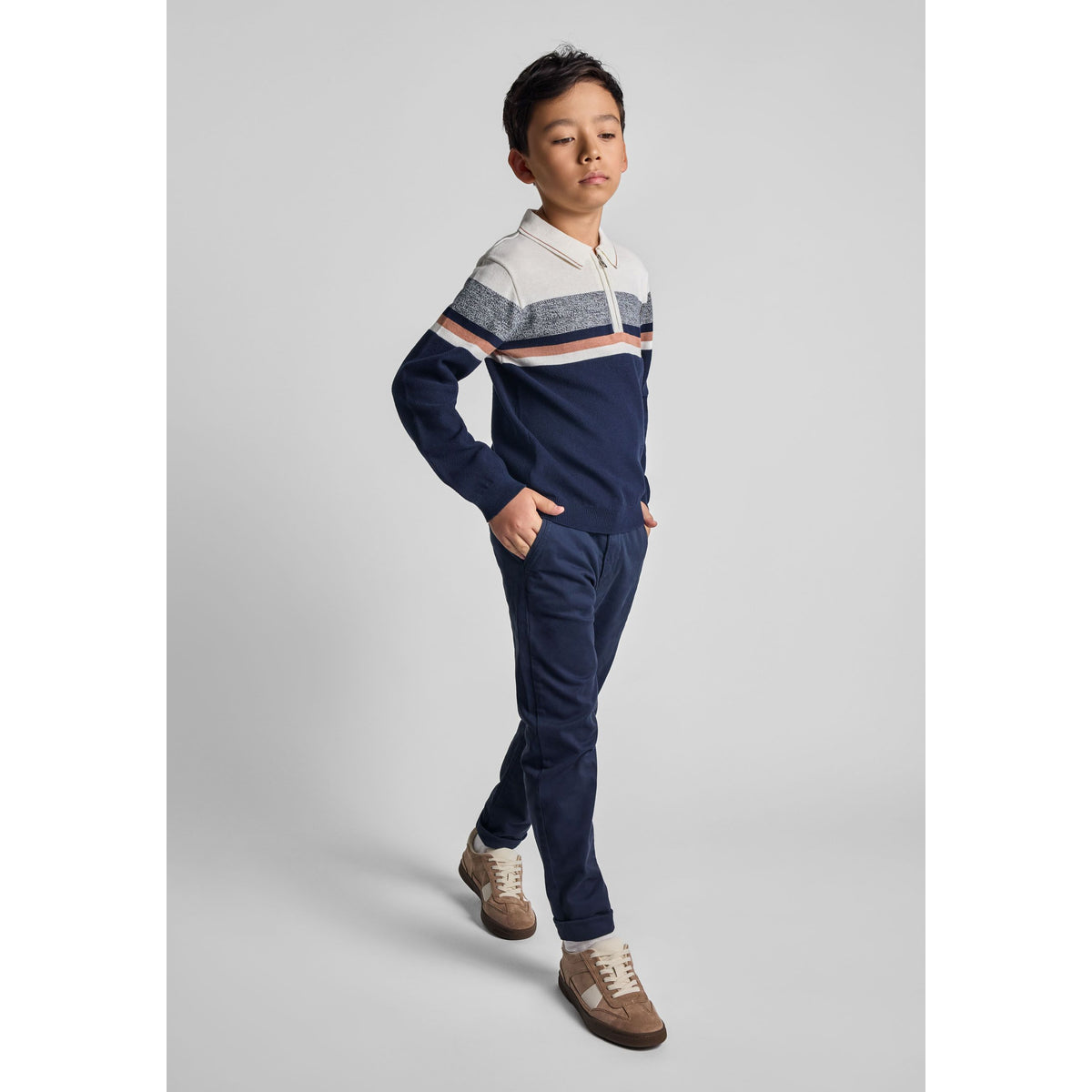 Boys' quarter-zip collared jumper in navy, cream, grey and brown — complete product view for square Shop card