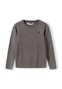 Boys grey fine knit jumper with crew neckline and chest embroidery, front view.