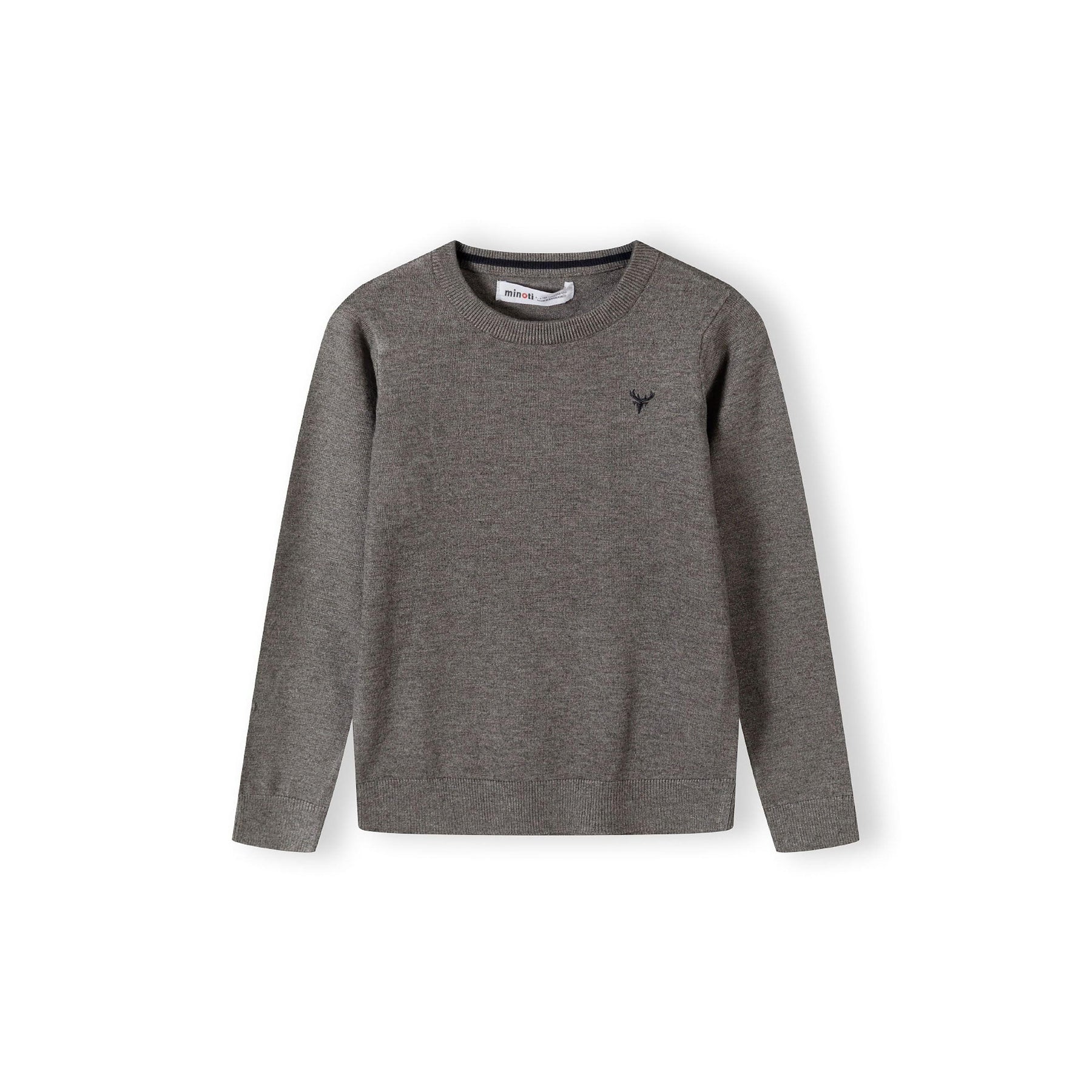 Back view of grey fine knit jumper showing plain design and ribbed hem detail on white background