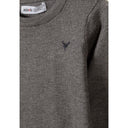Boys grey fine knit crew neck jumper with subtle chest embroidery.