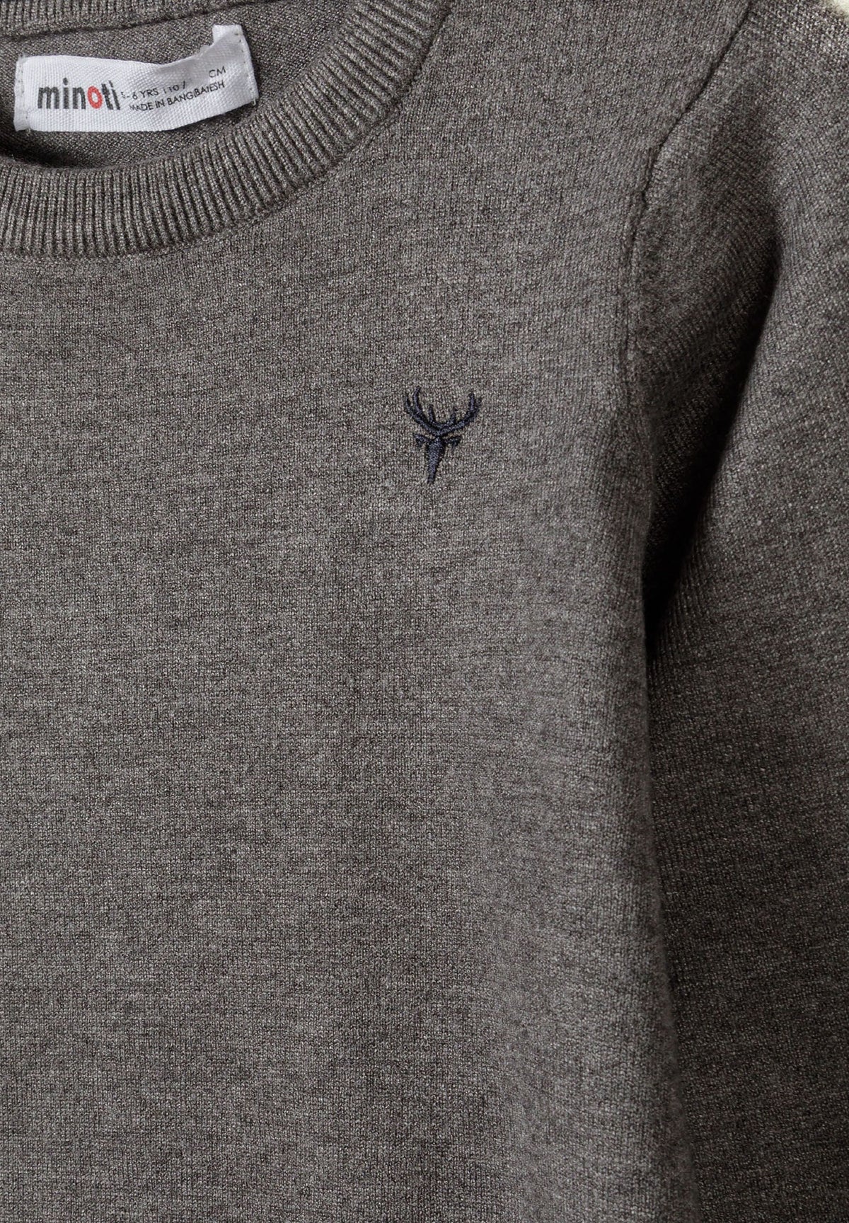Grey fine knit jumper, neckline and embroidery detail.