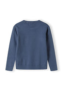 Boys fine knit jumper, back view, solid blue with ribbed trims.