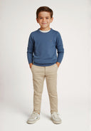 Boys fine knit jumper in blue with embroidered logo, front view.