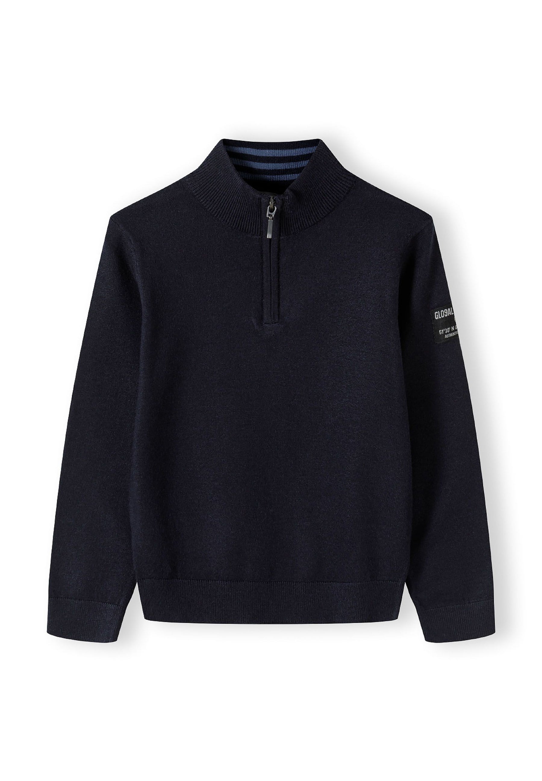 Boys half zip jumper in navy with stand collar and ribbed cuffs, front view.