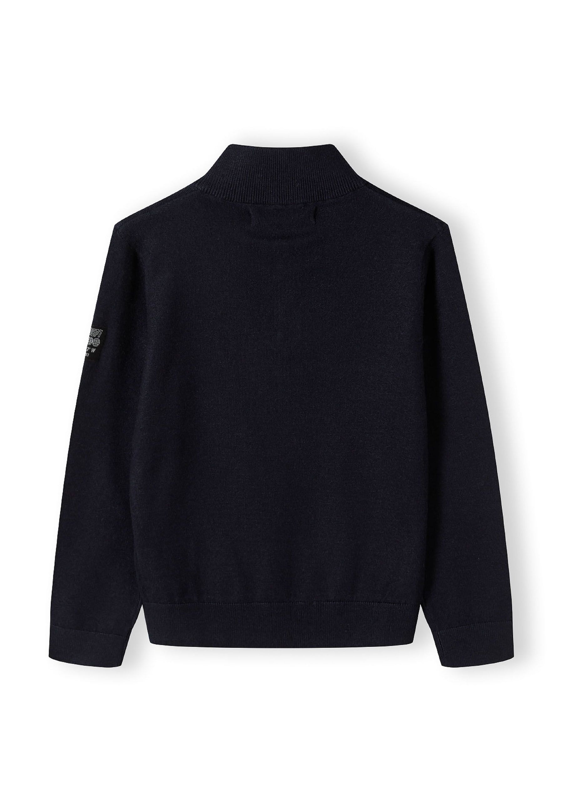 Boys half zip jumper, navy, back view with stand collar and ribbed cuffs.