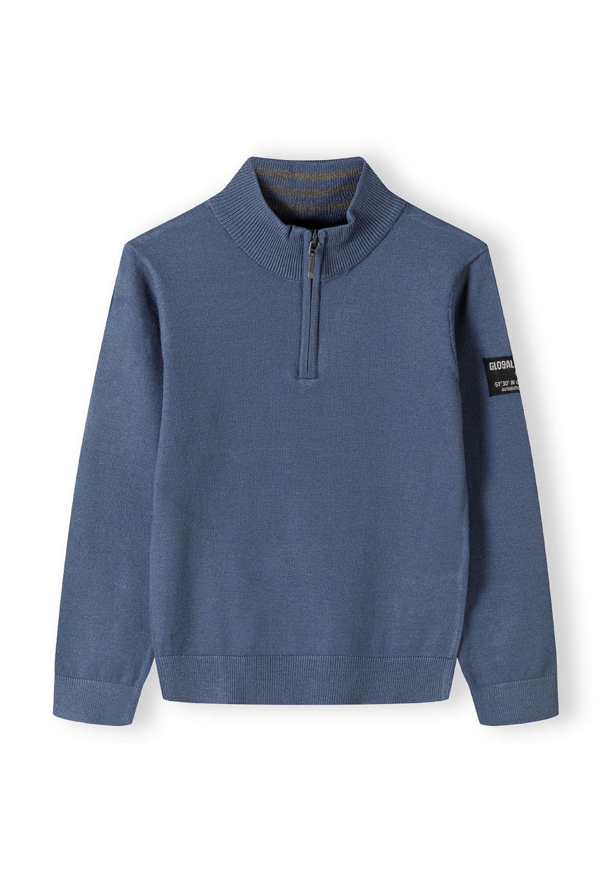Blue quarter-zip jumper, front.