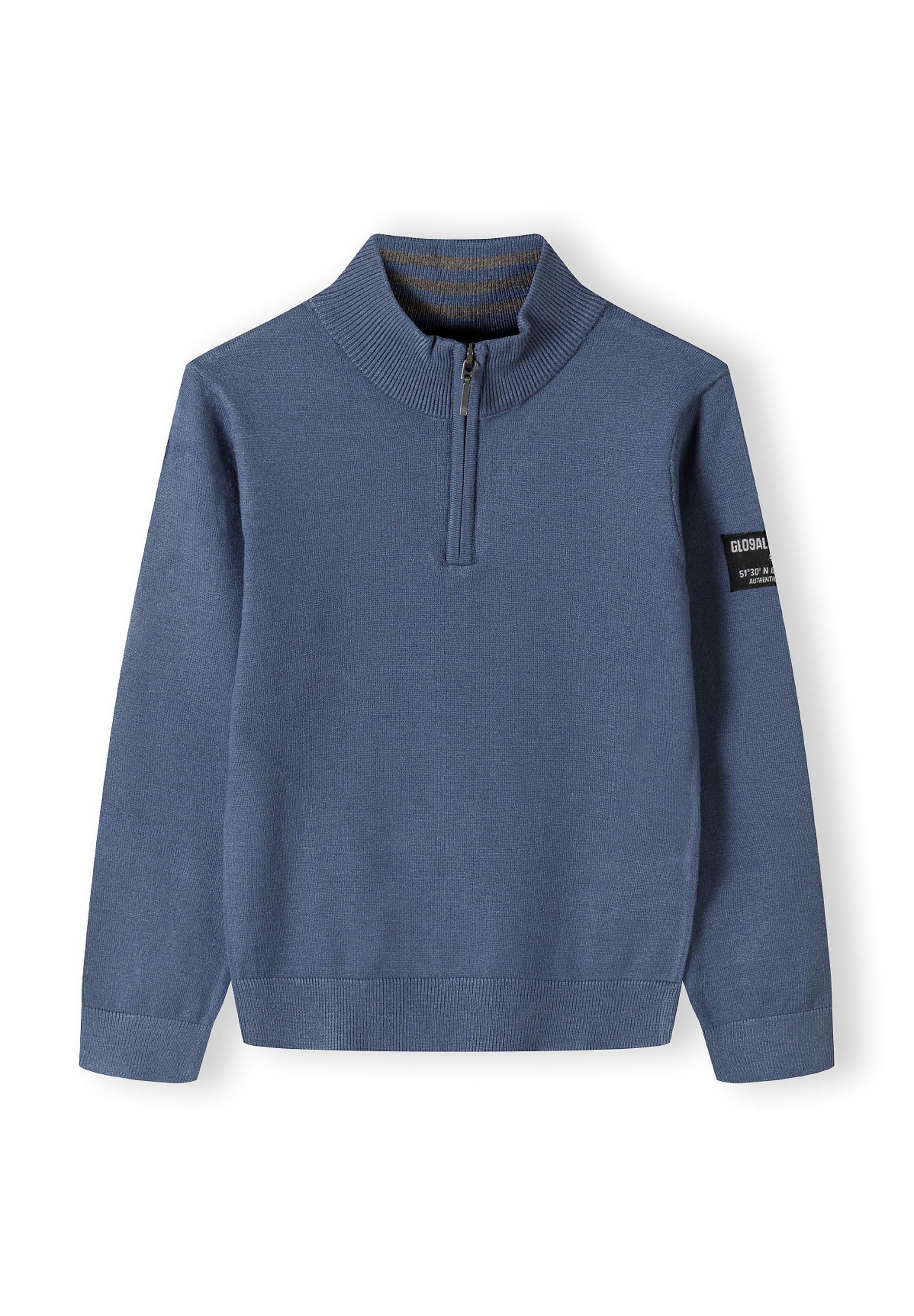Boys half zip jumper in solid blue with ribbed cuffs, front view.
