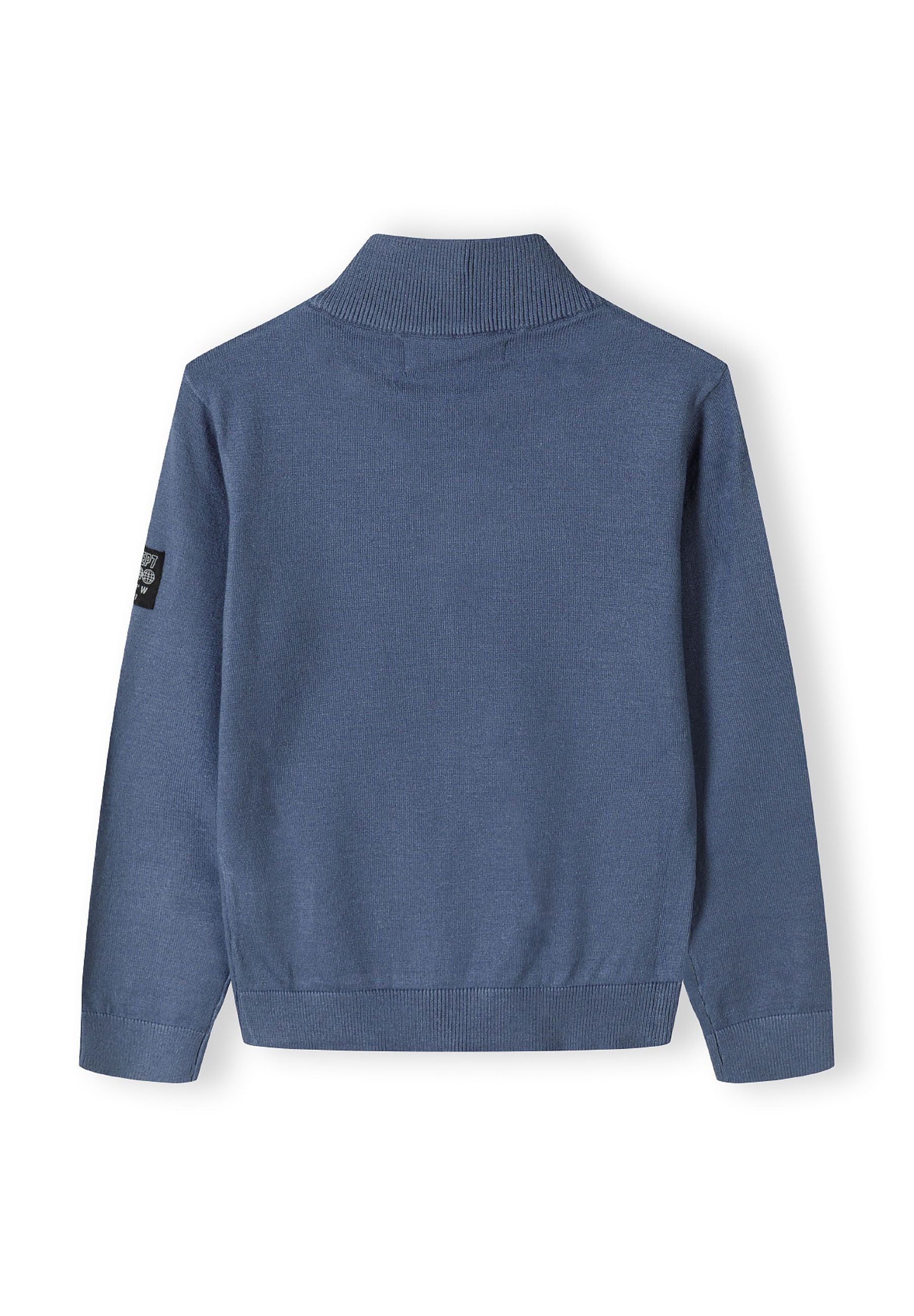 Boys jumper, solid blue, back view, half zip, ribbed cuffs.