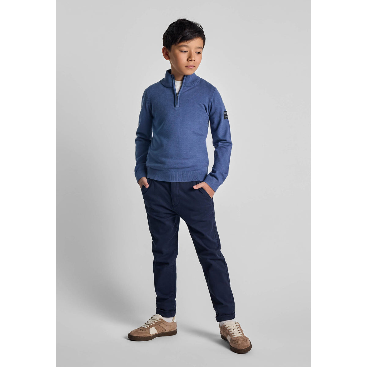 Boys' quarter-zip jumper in blue — complete product view for square Shop card