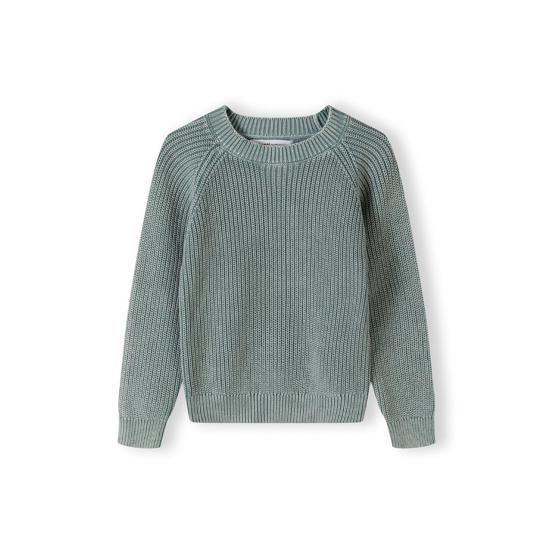 Flat lay of khaki knit jumper showing raglan sleeve construction and ribbed crew neckline on white background