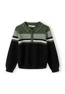 Boys khaki sweater with quarter zip and horizontal stripes, front view.