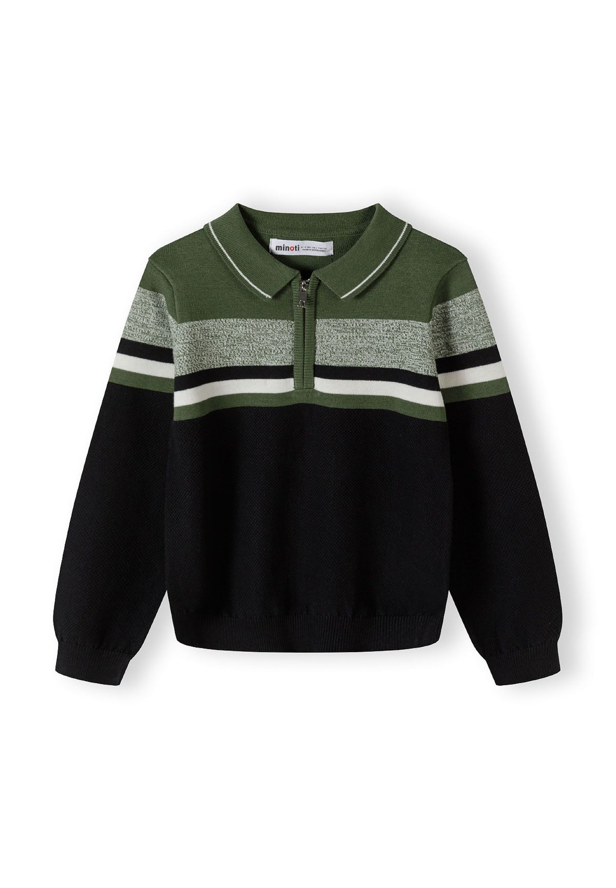 Black, green, grey and white quarter-zip collared jumper, front.