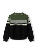 Boys sweater in khaki with quarter zip, back view, featuring horizontal stripes.