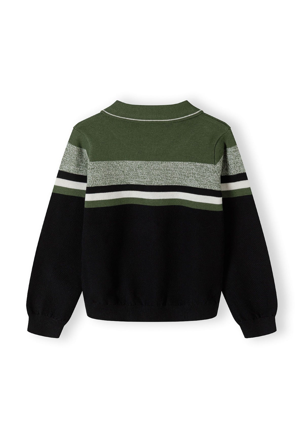 Black, green, grey and white quarter-zip collared jumper, back.