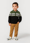 Boys sweater with quarter zip, khaki and black stripes, front view.