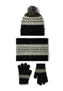Boys winter accessory set with knit hat, snood, and gloves in black with fair isle pattern.
