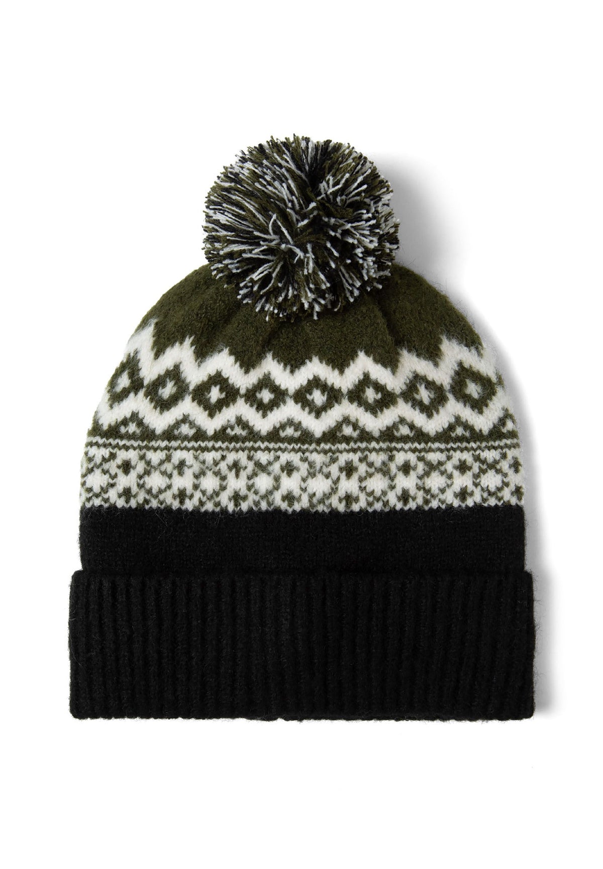 Black, khaki green and cream hat, snood and gloves set, pompom beanie front.