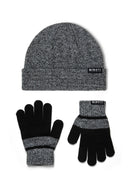 Boys knitted beanie and gloves set in grey, featuring ribbed cuff and badge detail.
