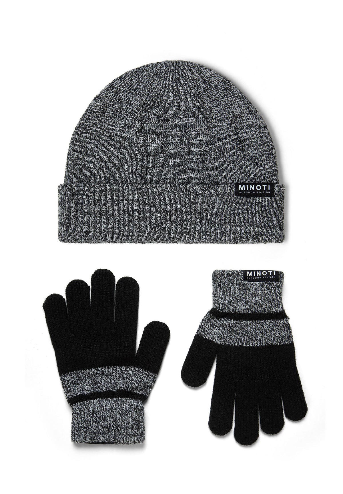 Grey marl and black hat and gloves set, complete hat and gloves set.