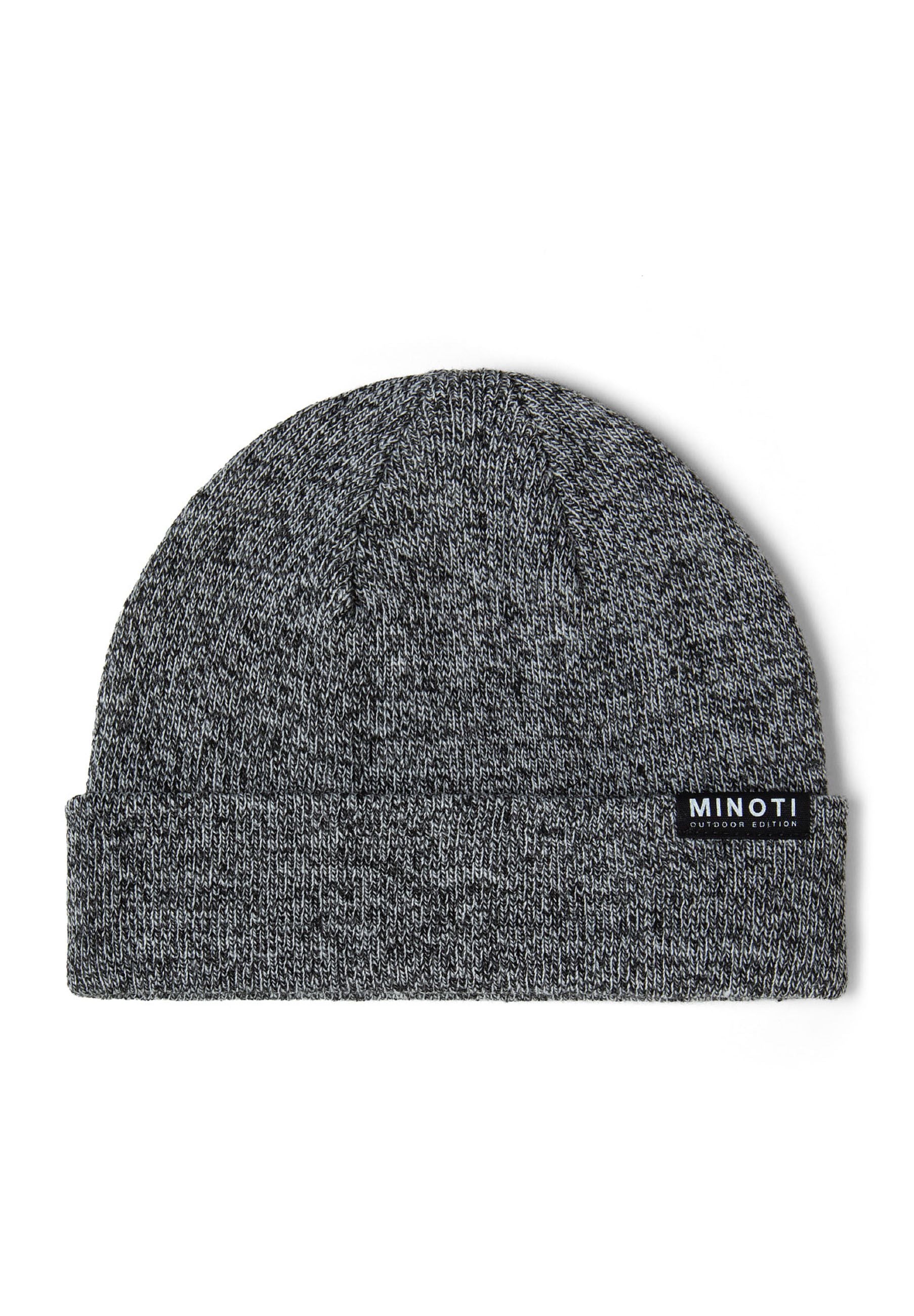Boys knitted beanie in grey with ribbed cuff and badge detail, front view.