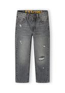 Boys grey denim jeans, front view, featuring rip-and-repair detailing.