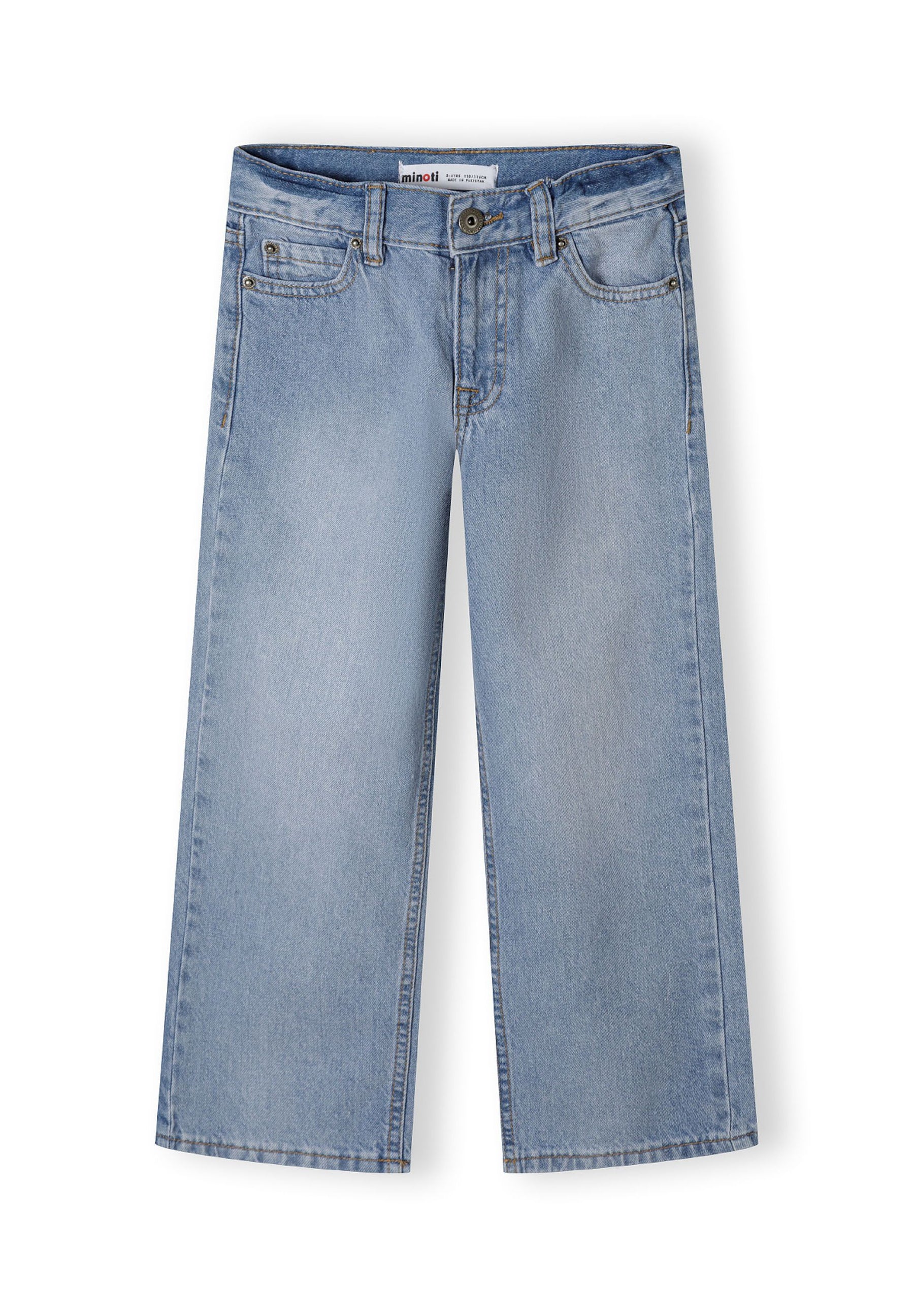Baggy fit light blue denim jeans for boys, front view, featuring five-pocket design.